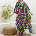 Colorful Houndstooth Pattern Print Silk V-Neck Kaftan Dress