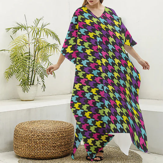 Colorful Houndstooth Pattern Print Silk V-Neck Kaftan Dress