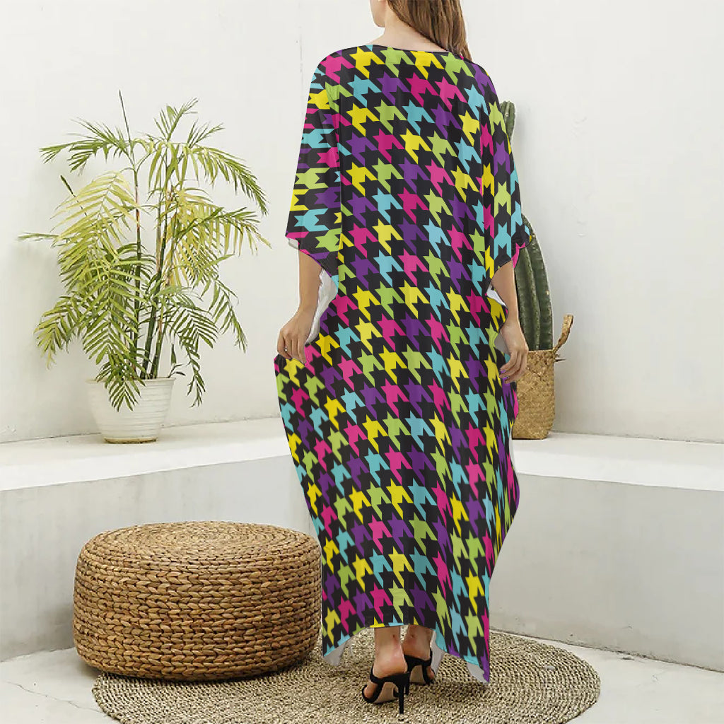 Colorful Houndstooth Pattern Print Silk V-Neck Kaftan Dress