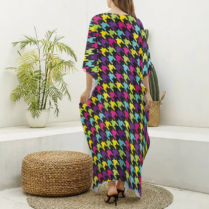 Colorful Houndstooth Pattern Print Silk V-Neck Kaftan Dress