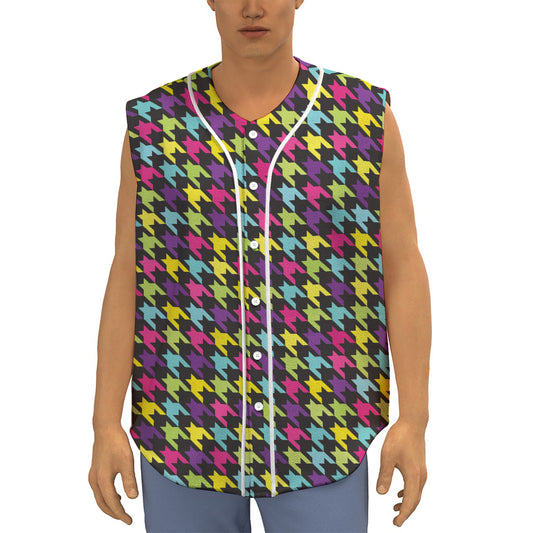 Colorful Houndstooth Pattern Print Sleeveless Baseball Jersey