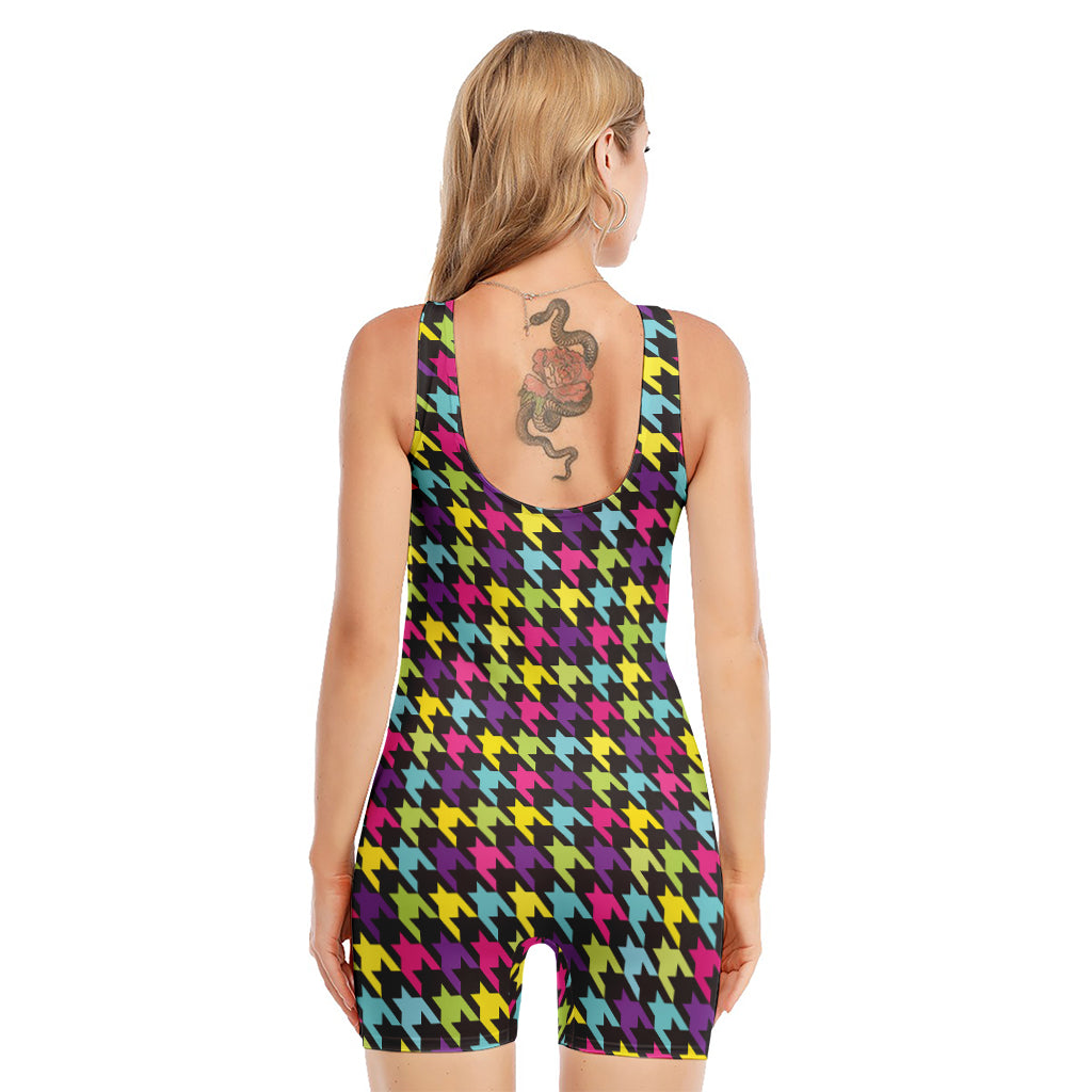 Colorful Houndstooth Pattern Print Sleeveless One Piece Swimsuit
