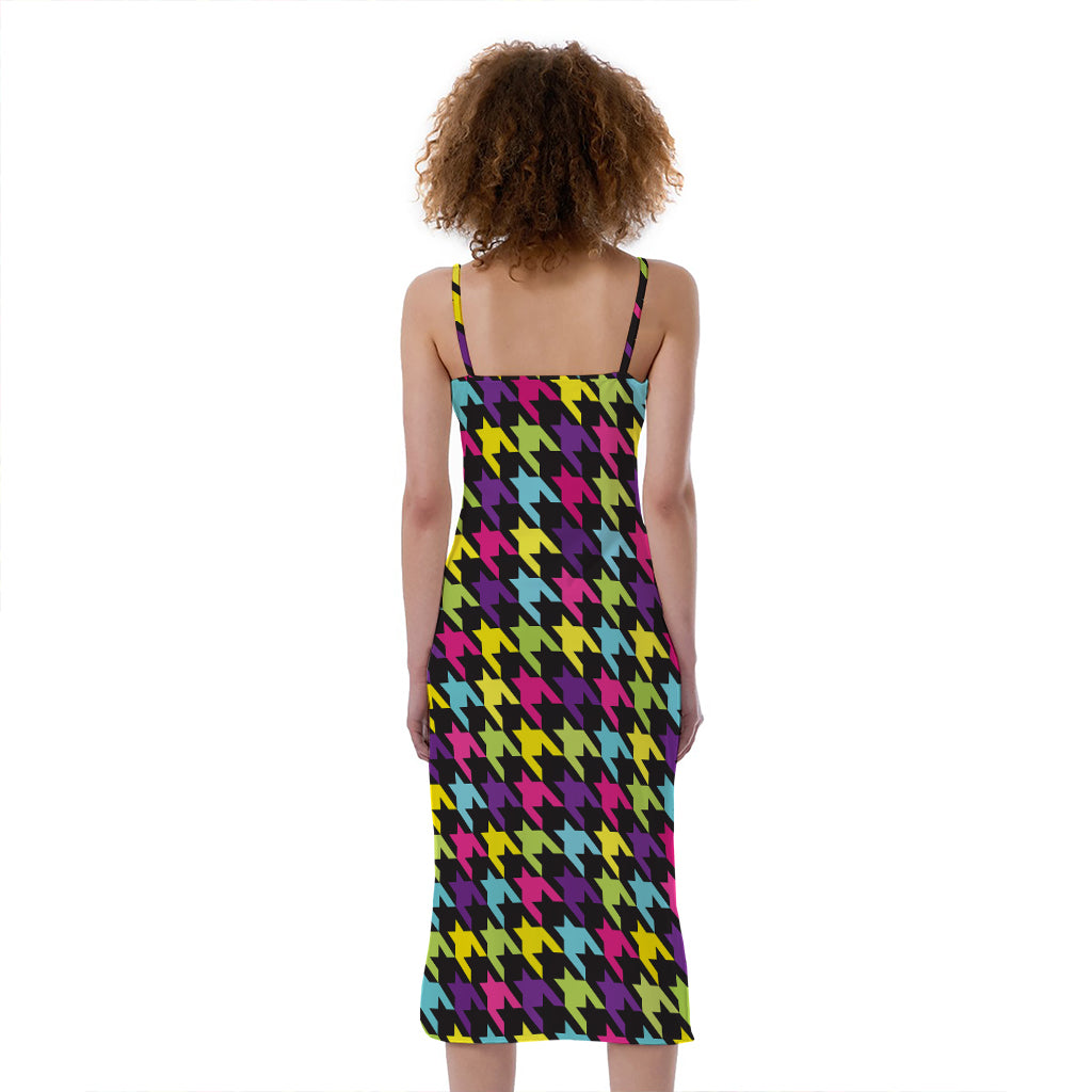 Colorful Houndstooth Pattern Print Slim Fit Midi Cami Dress