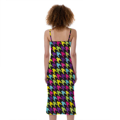 Colorful Houndstooth Pattern Print Slim Fit Midi Cami Dress