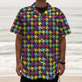 Colorful Houndstooth Pattern Print Textured Short Sleeve Shirt