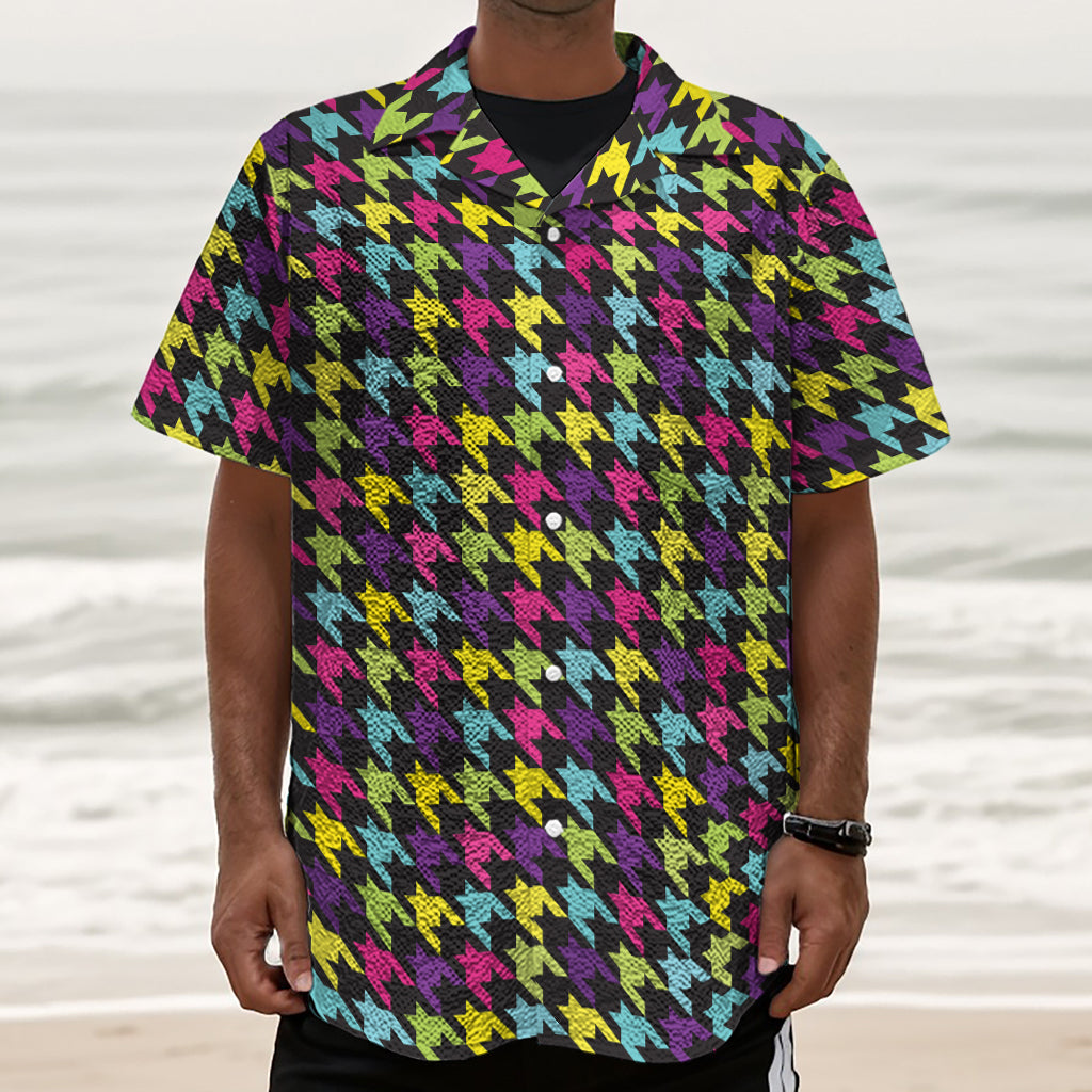 Colorful Houndstooth Pattern Print Textured Short Sleeve Shirt