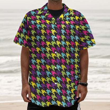 Colorful Houndstooth Pattern Print Textured Short Sleeve Shirt