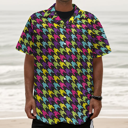 Colorful Houndstooth Pattern Print Textured Short Sleeve Shirt