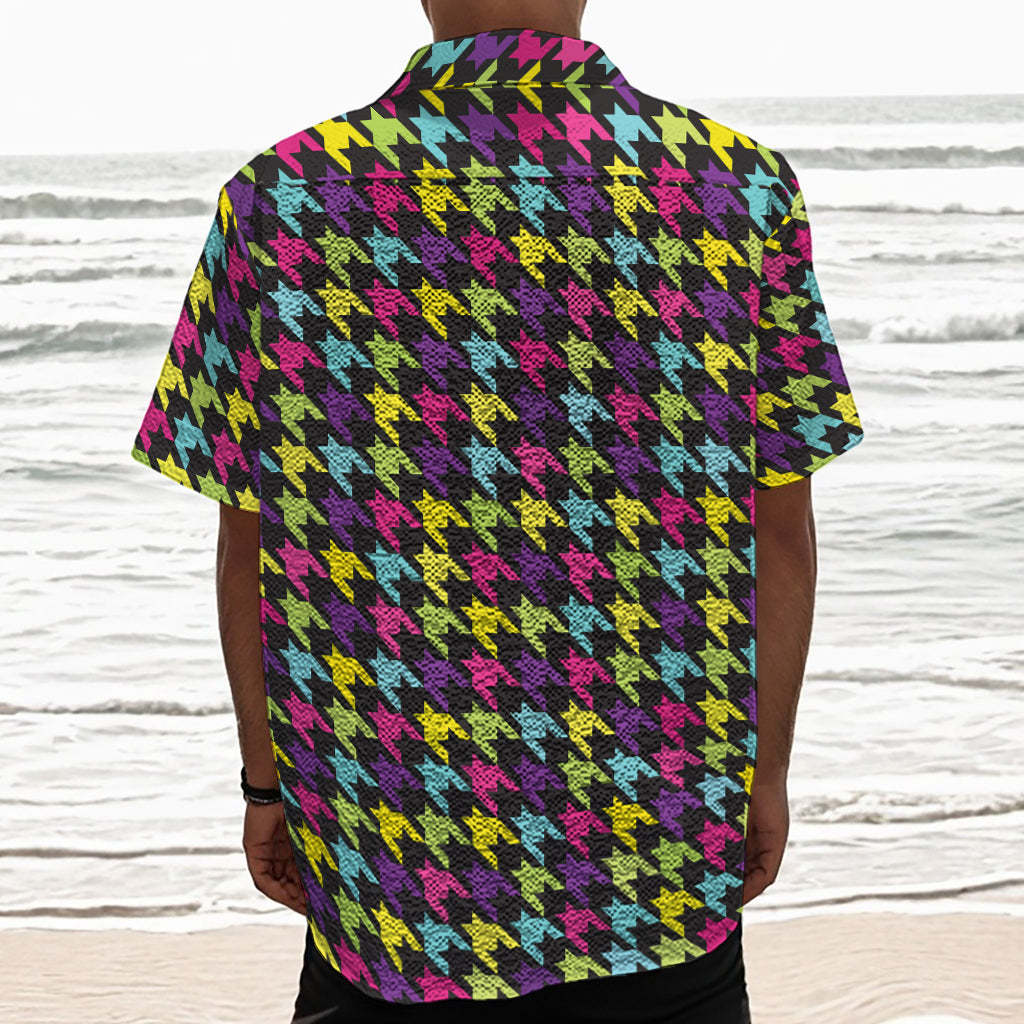 Colorful Houndstooth Pattern Print Textured Short Sleeve Shirt