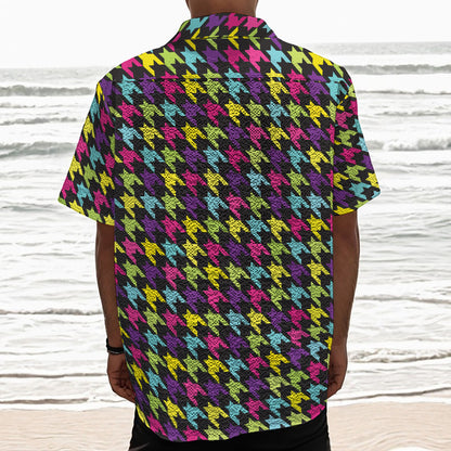 Colorful Houndstooth Pattern Print Textured Short Sleeve Shirt