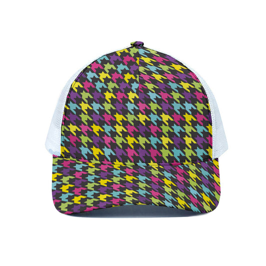 Colorful Houndstooth Pattern Print White Mesh Trucker Cap