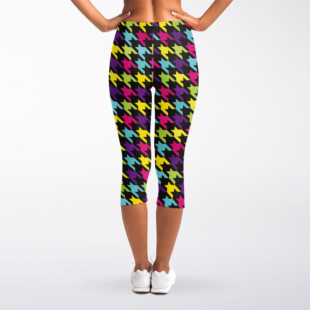 Colorful Houndstooth Pattern Print Women's Capri Leggings