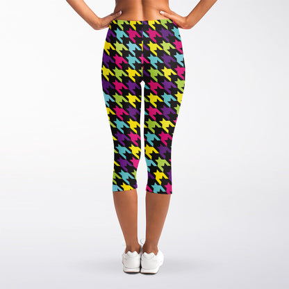 Colorful Houndstooth Pattern Print Women's Capri Leggings