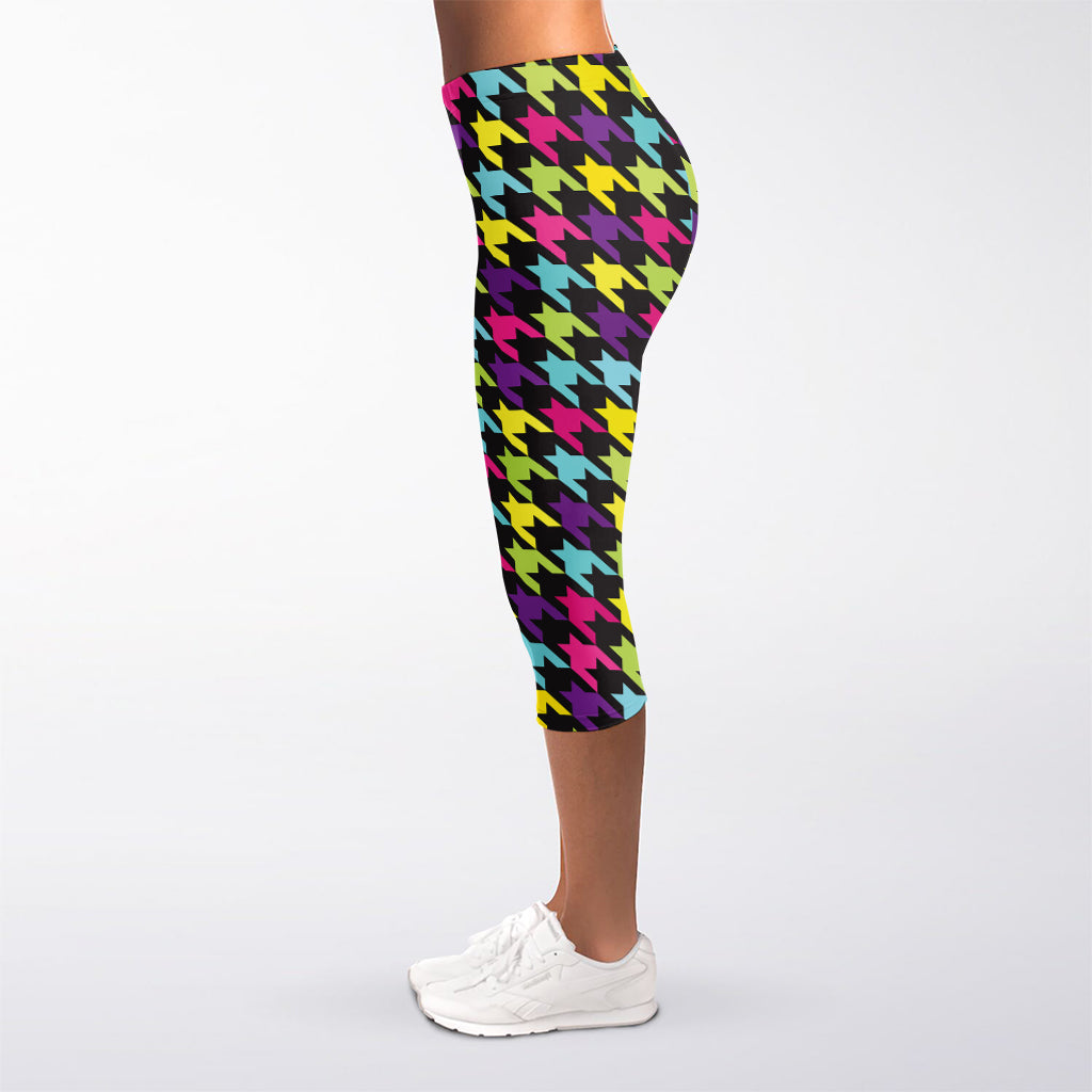 Colorful Houndstooth Pattern Print Women's Capri Leggings
