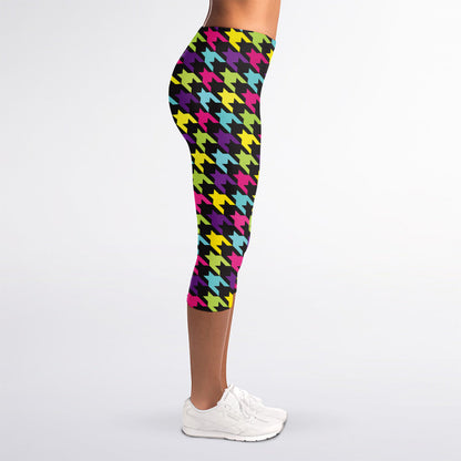 Colorful Houndstooth Pattern Print Women's Capri Leggings