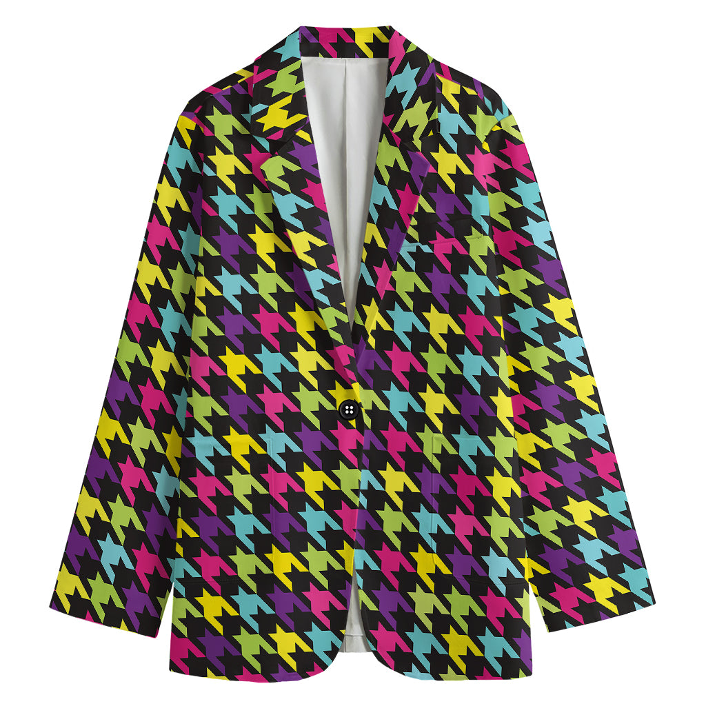 Colorful Houndstooth Pattern Print Women's Cotton Blazer