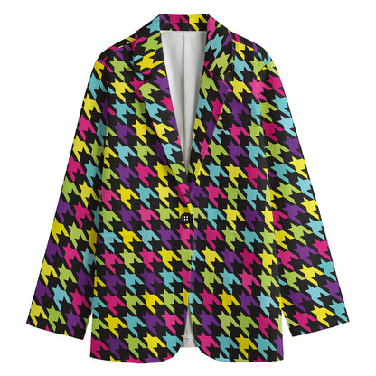 Colorful Houndstooth Pattern Print Women's Cotton Blazer