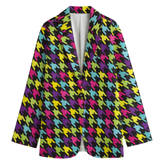 Colorful Houndstooth Pattern Print Women's Cotton Blazer