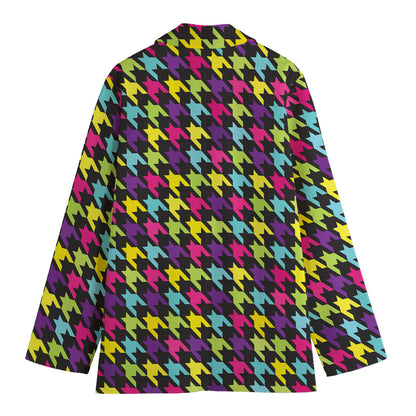 Colorful Houndstooth Pattern Print Women's Cotton Blazer