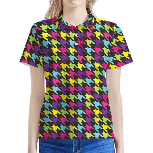 Colorful Houndstooth Pattern Print Women's Polo Shirt