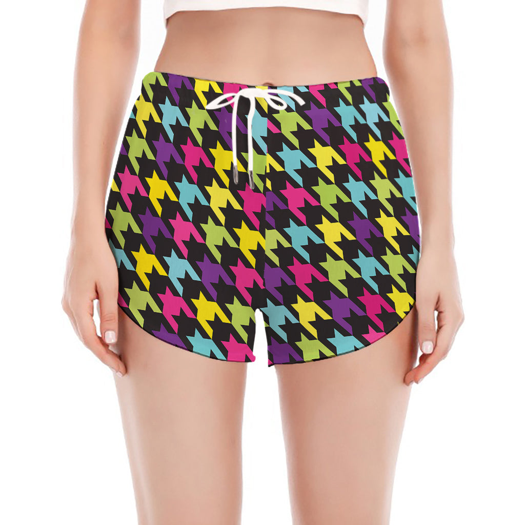 Colorful Houndstooth Pattern Print Women's Split Running Shorts