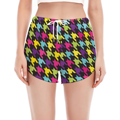Colorful Houndstooth Pattern Print Women's Split Running Shorts