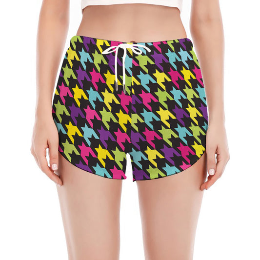 Colorful Houndstooth Pattern Print Women's Split Running Shorts