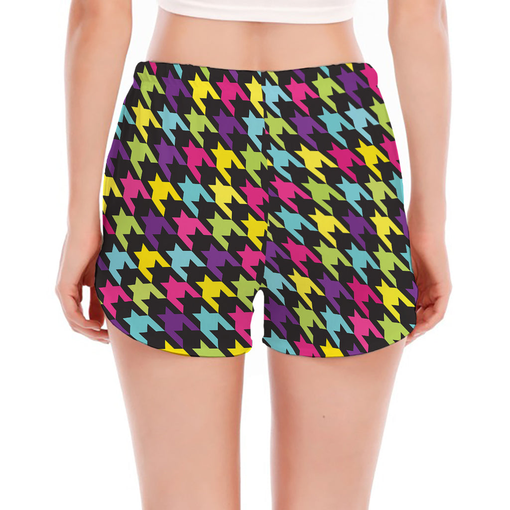 Colorful Houndstooth Pattern Print Women's Split Running Shorts