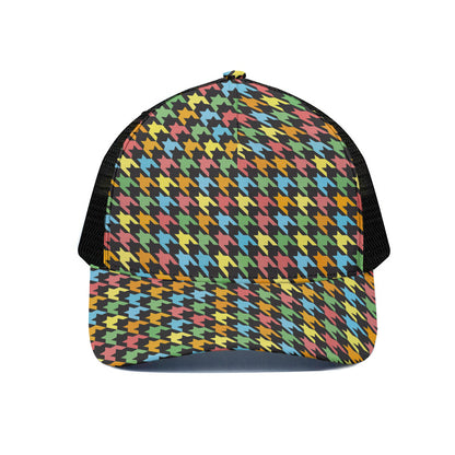 Colorful Houndstooth Print Black Mesh Trucker Cap