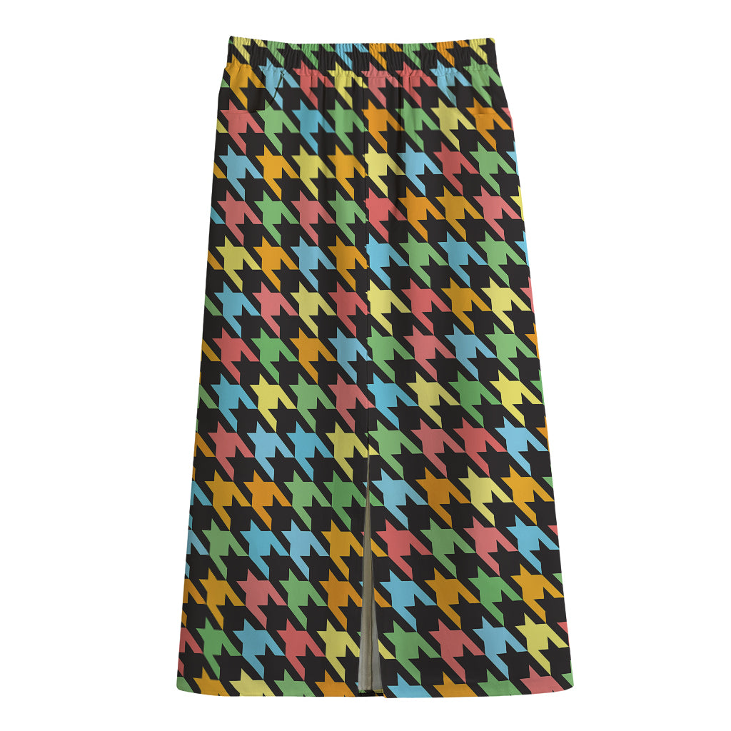 Colorful Houndstooth Print Cotton Front Slit Maxi Skirt