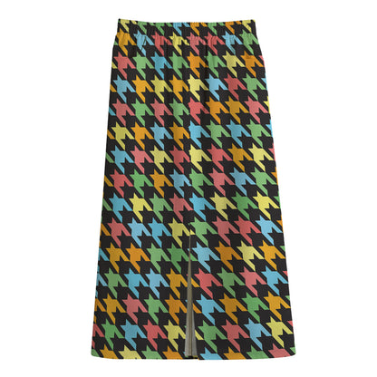 Colorful Houndstooth Print Cotton Front Slit Maxi Skirt
