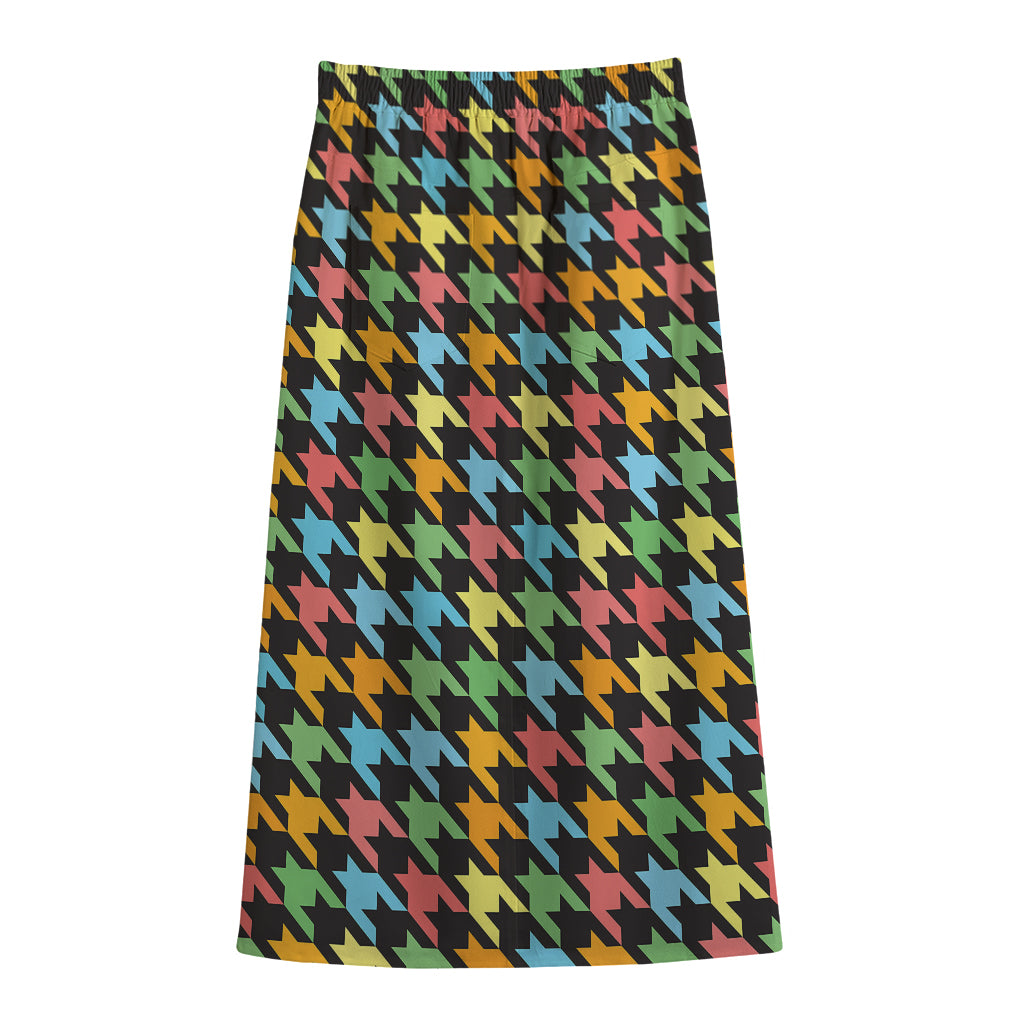 Colorful Houndstooth Print Cotton Front Slit Maxi Skirt