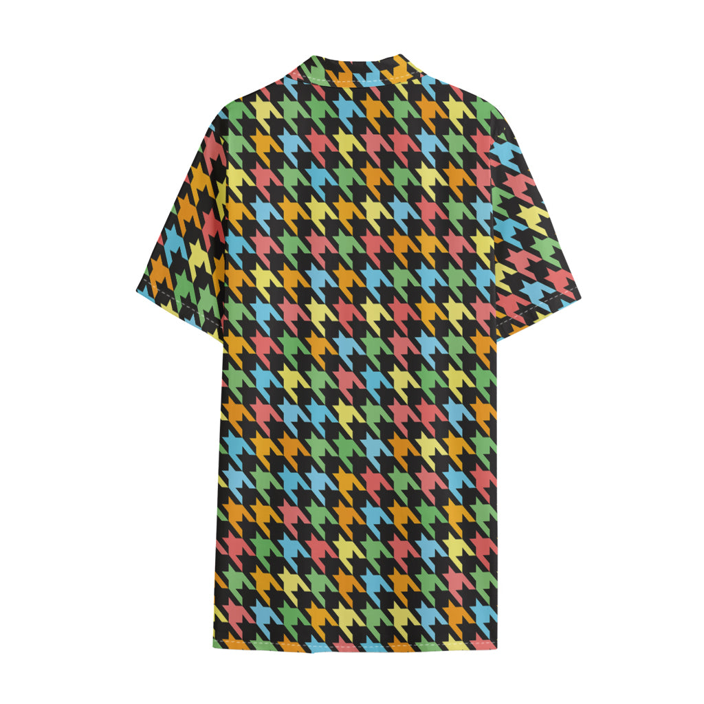 Colorful Houndstooth Print Cotton Hawaiian Shirt