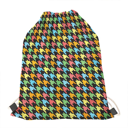 Colorful Houndstooth Print Drawstring Bag