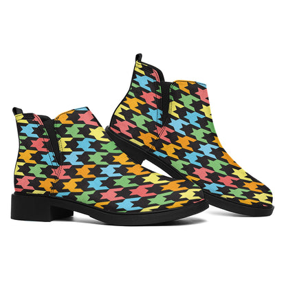 Colorful Houndstooth Print Flat Ankle Boots