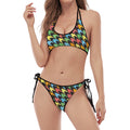 Colorful Houndstooth Print Halter Scoop Tie Side Bikini