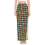 Colorful Houndstooth Print High Slit Maxi Skirt