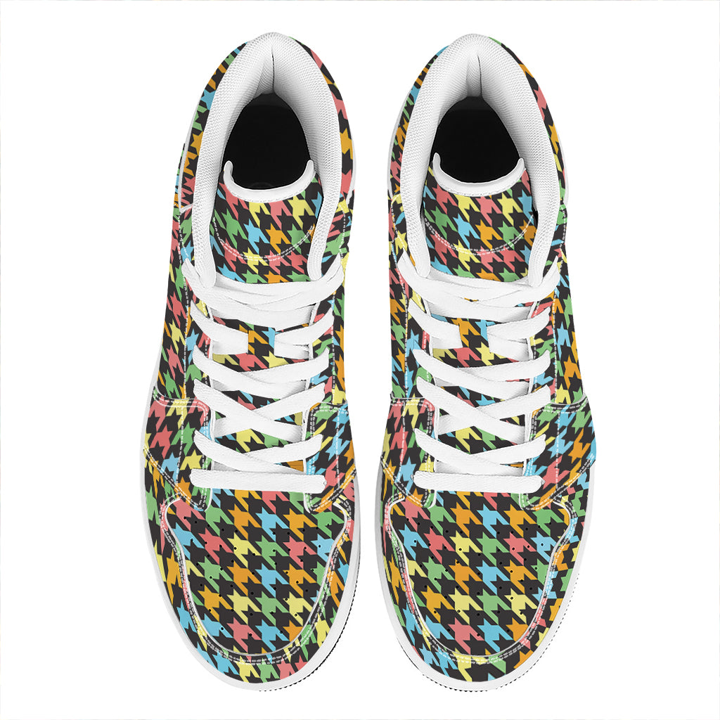 Colorful Houndstooth Print High Top Leather Sneakers