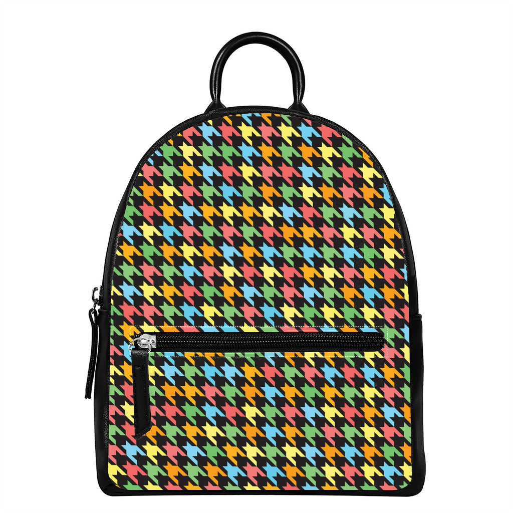 Colorful Houndstooth Print Leather Backpack