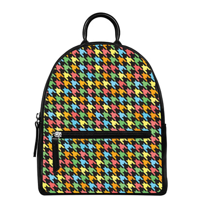 Colorful Houndstooth Print Leather Backpack