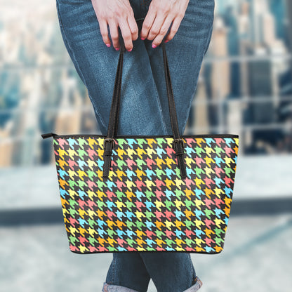 Colorful Houndstooth Print Leather Tote Bag