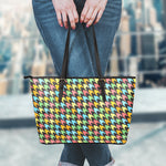Colorful Houndstooth Print Leather Tote Bag