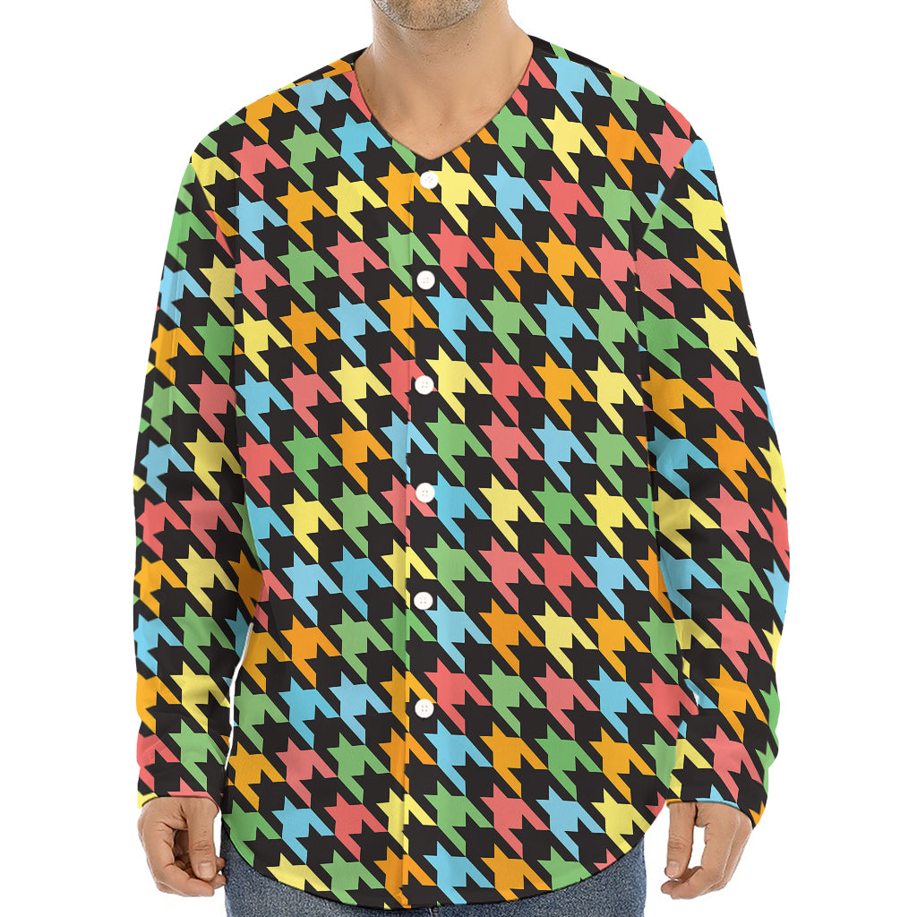 Colorful Houndstooth Print Long Sleeve Baseball Jersey