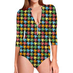Colorful Houndstooth Print Long Sleeve Swimsuit