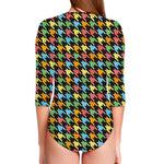 Colorful Houndstooth Print Long Sleeve Swimsuit