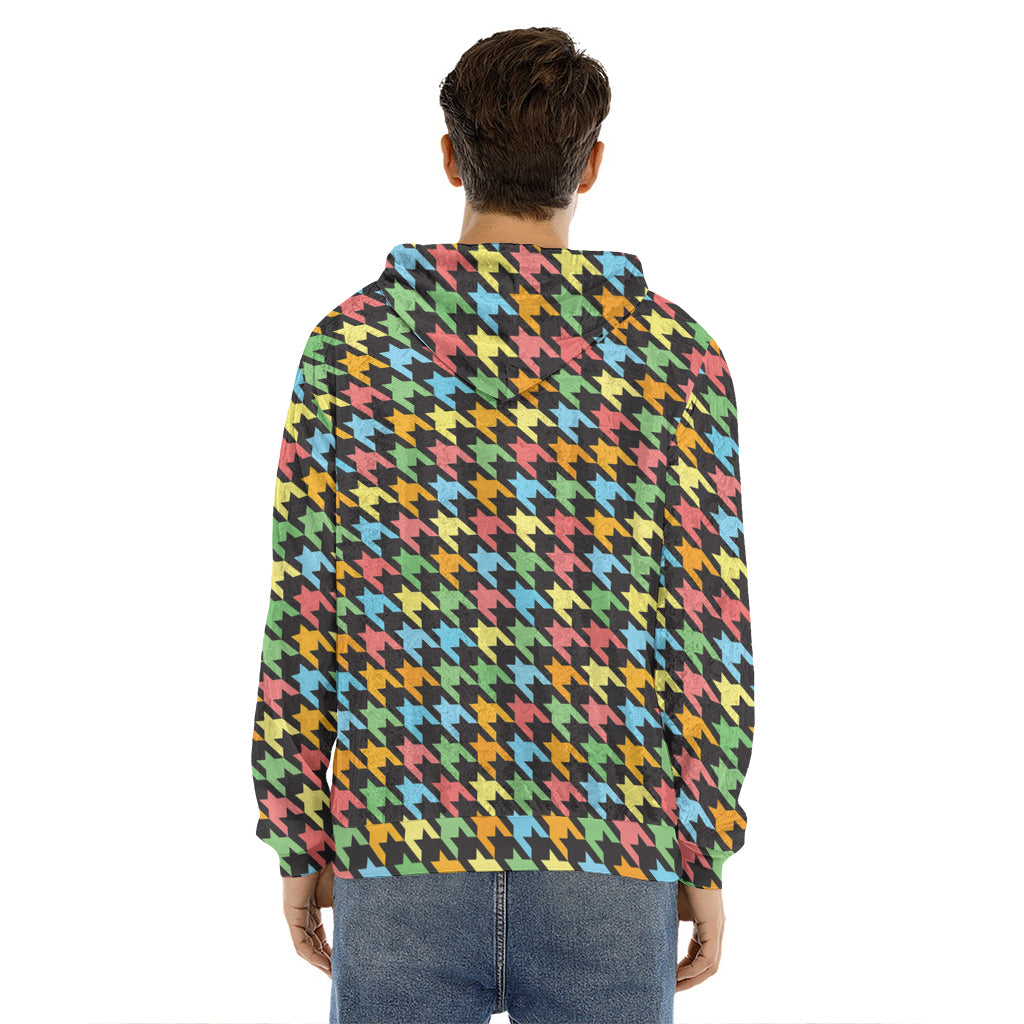 Colorful Houndstooth Print Men's Velvet Pullover Hoodie