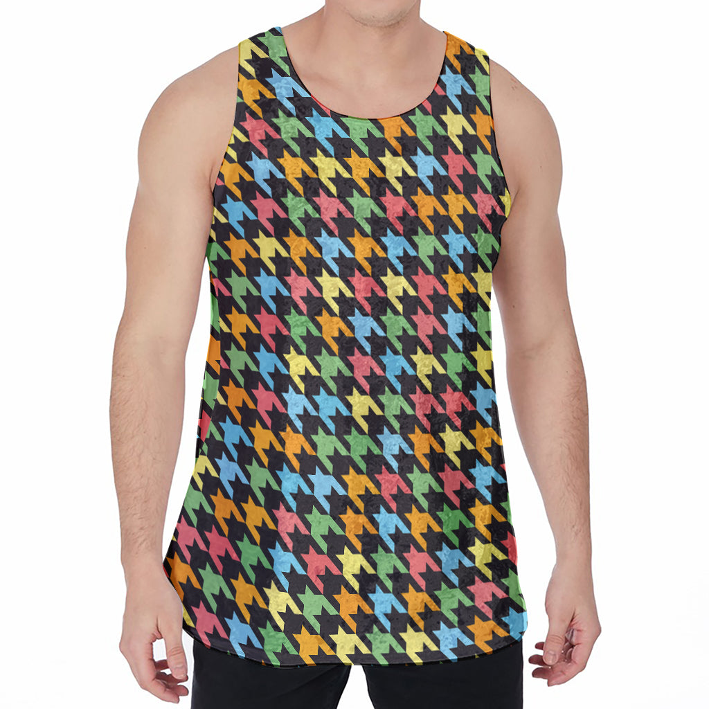 Colorful Houndstooth Print Men's Velvet Tank Top