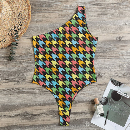 Colorful Houndstooth Print One Shoulder Bodysuit