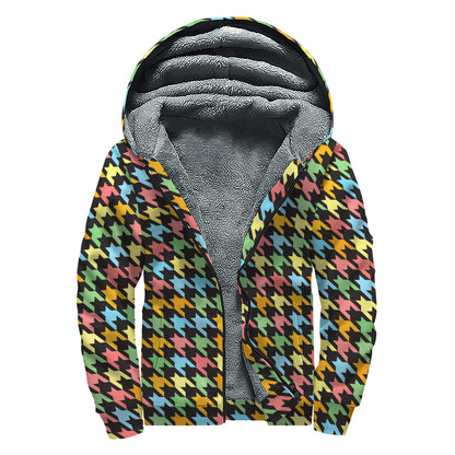 Colorful Houndstooth Print Sherpa Lined Zip Up Hoodie