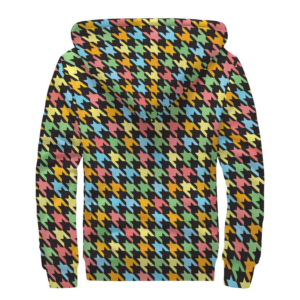 Colorful Houndstooth Print Sherpa Lined Zip Up Hoodie